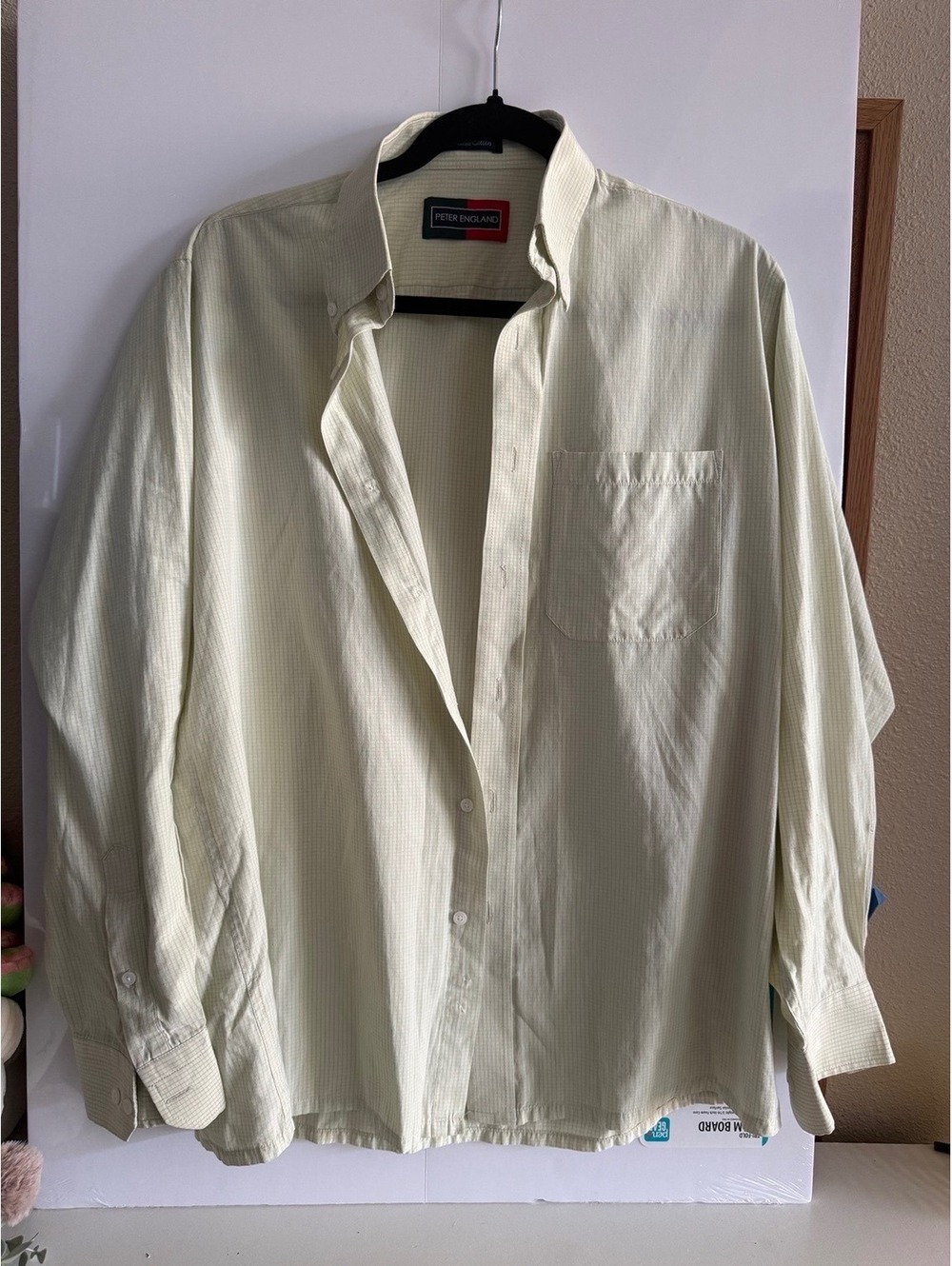 Peter England Mens Size 40 Cotton Micro Check Button Down Shirt Cream Mint